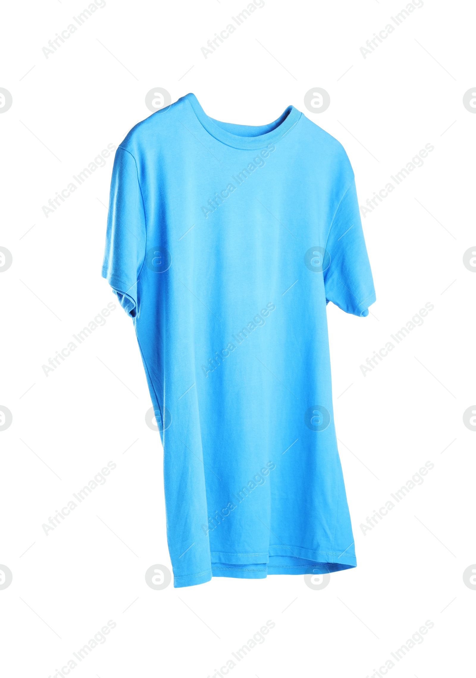Photo of Light blue t-shirt isolated on white. Mockup for design