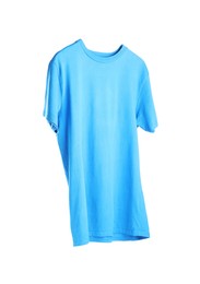 Photo of Light blue t-shirt isolated on white. Mockup for design
