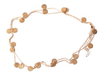 Photo of Stylish gold necklace isolated on white, top view