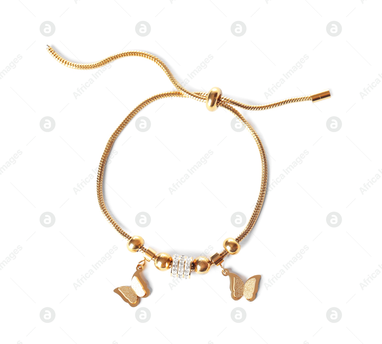 Photo of Stylish gold bracelet isolated on white, top view