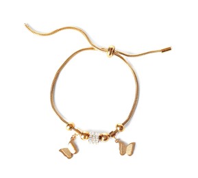 Photo of Stylish gold bracelet isolated on white, top view