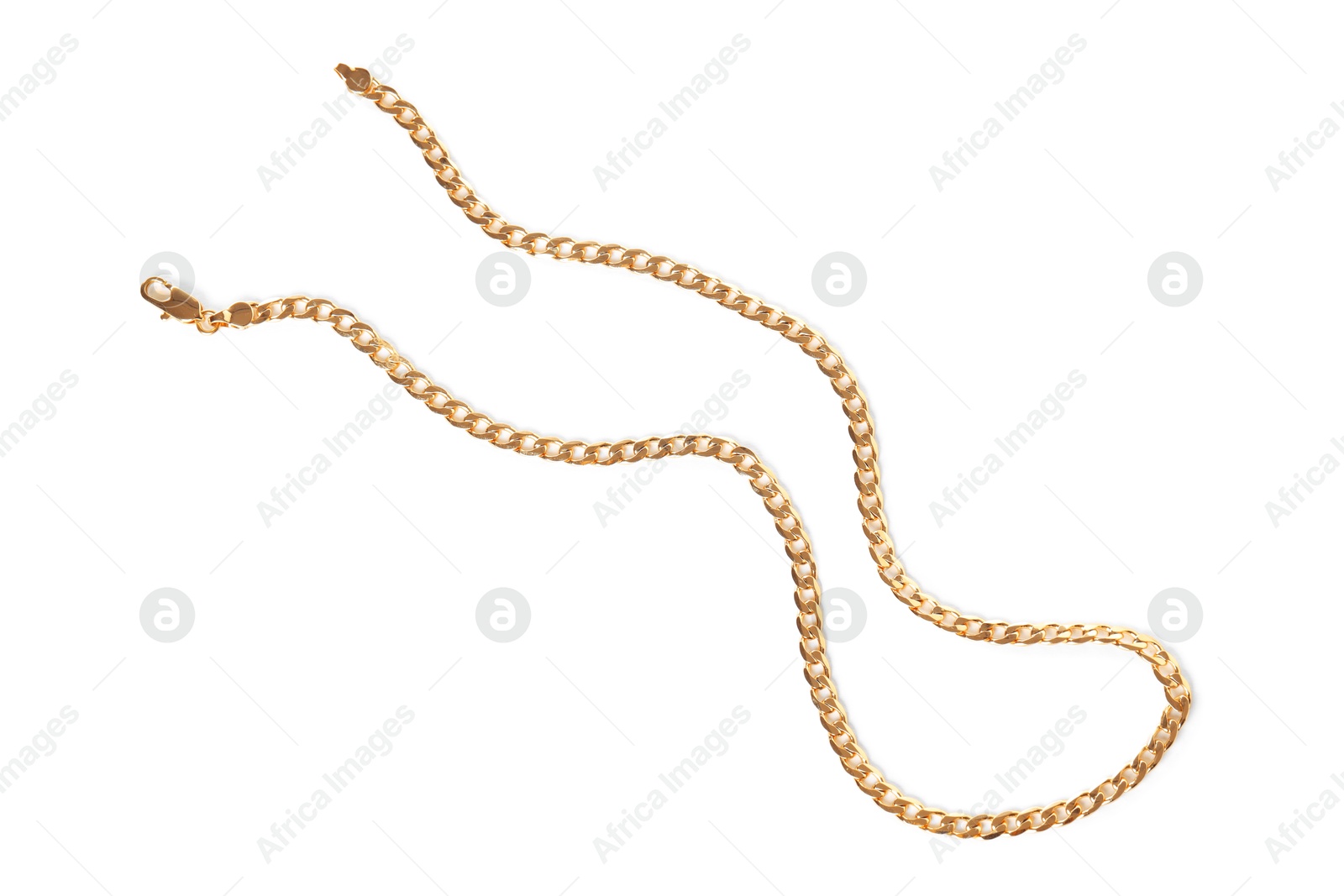 Photo of Stylish gold necklace isolated on white, top view