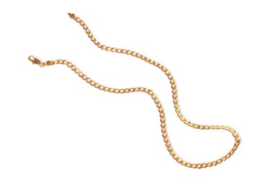 Photo of Stylish gold necklace isolated on white, top view