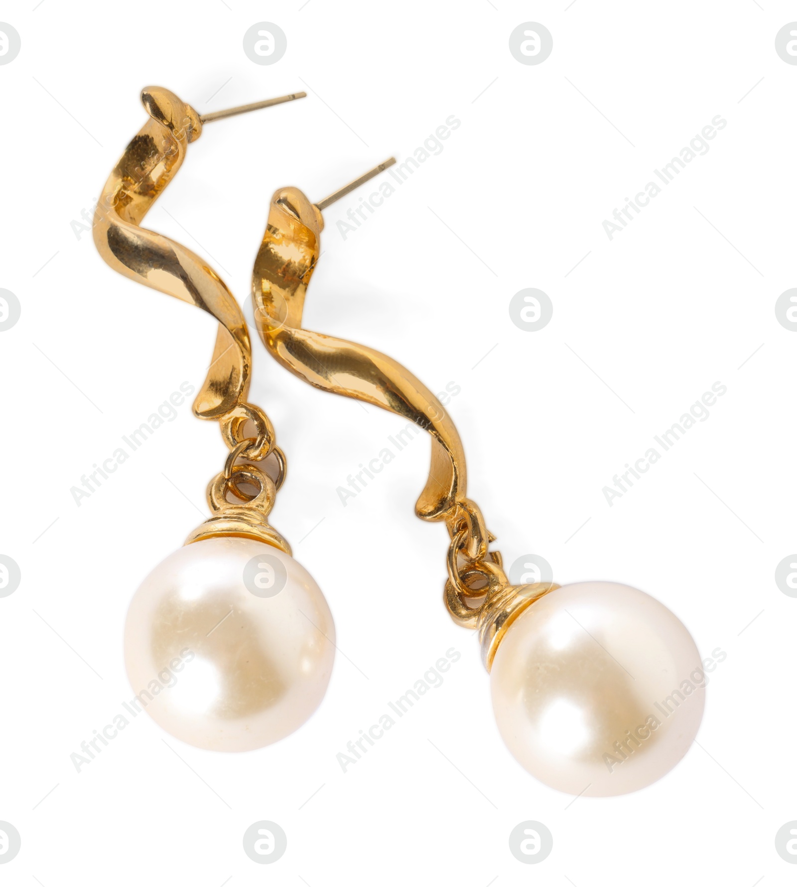 Photo of Stylish gold earrings isolated on white, top view