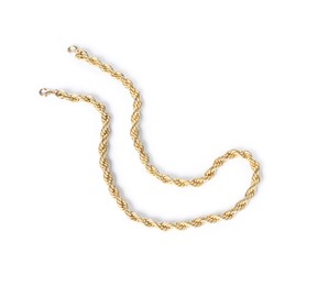 Photo of Stylish gold necklace isolated on white, top view