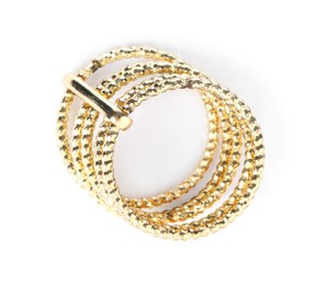 Photo of Stylish gold ring isolated on white, top view
