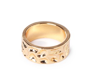 Photo of Stylish gold ring isolated on white. Elegant accessory