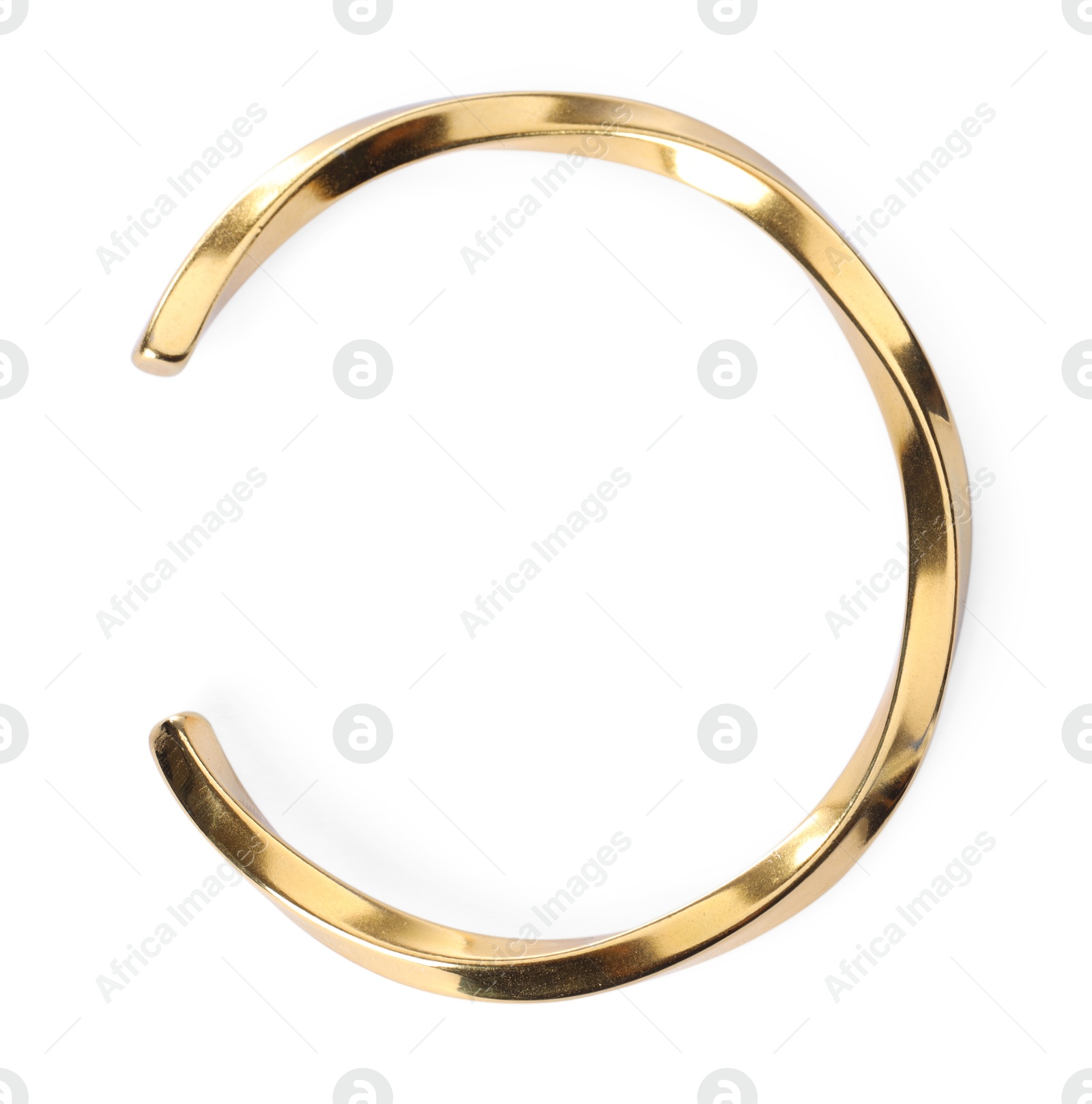 Photo of Stylish gold bracelet isolated on white, top view