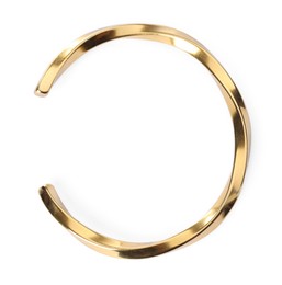 Photo of Stylish gold bracelet isolated on white, top view