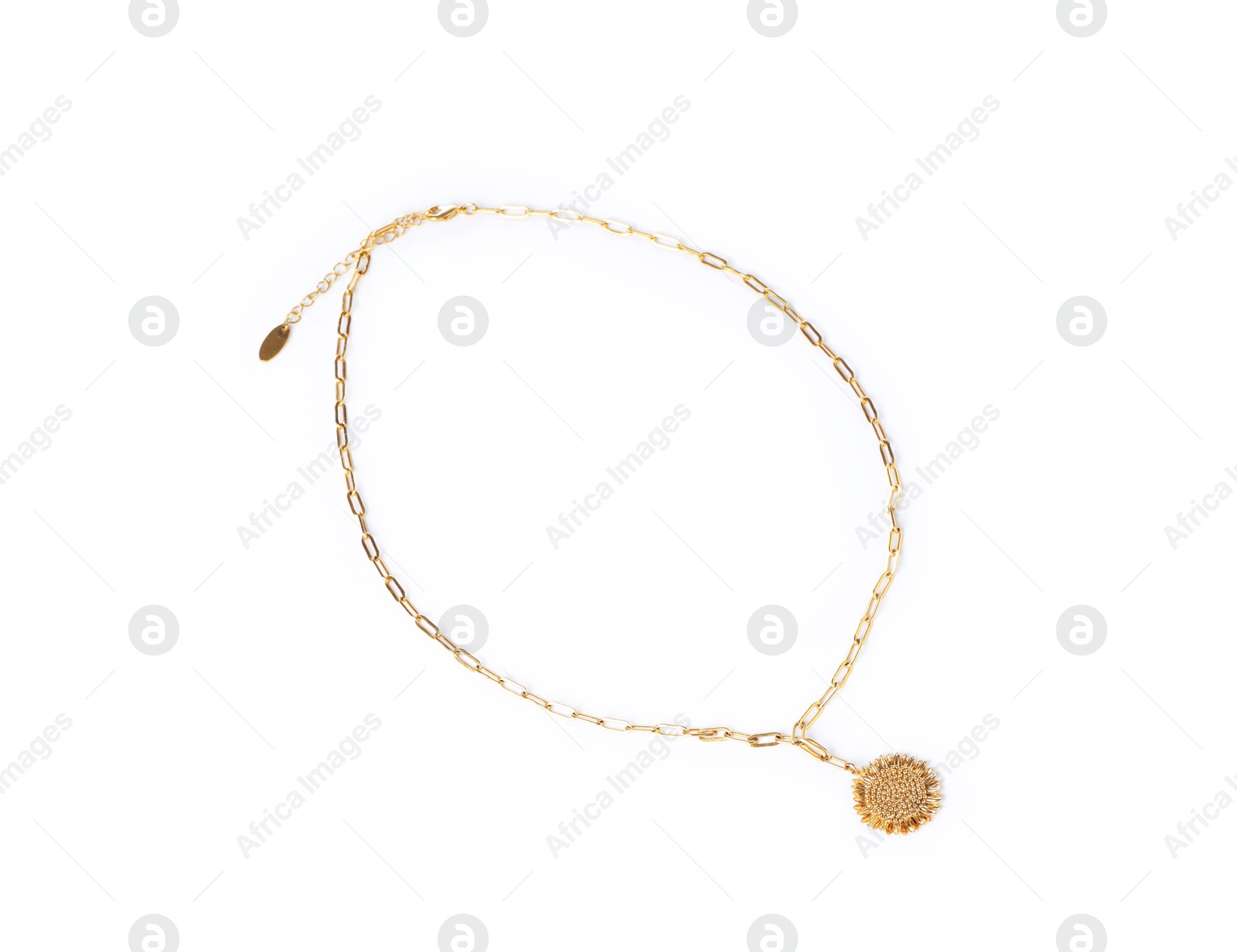 Photo of Stylish gold necklace isolated on white, top view