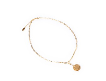 Photo of Stylish gold necklace isolated on white, top view
