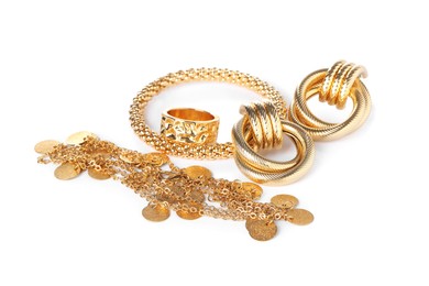 Photo of Many different gold jewelry isolated on white