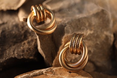 Photo of Stylish gold earrings in smoke on rocks, closeup