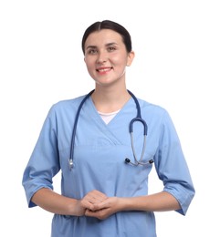 Photo of Nurse in uniform with stethoscope on white background