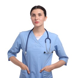 Photo of Nurse in uniform with stethoscope on white background
