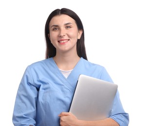 Photo of Portrait of nurse with laptop on white background