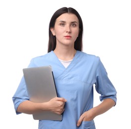 Photo of Portrait of nurse with laptop on white background