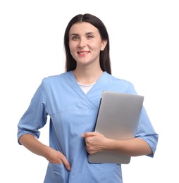 Photo of Portrait of nurse with laptop on white background