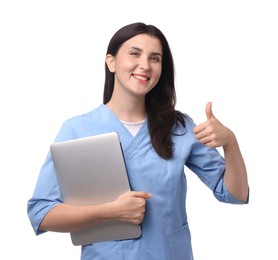 Photo of Nurse with laptop showing thumbs up on white background