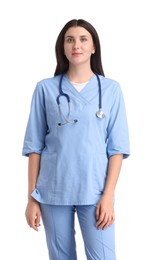 Photo of Nurse in uniform with stethoscope on white background