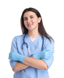Photo of Nurse in uniform with stethoscope on white background
