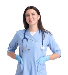 Photo of Nurse in uniform with stethoscope on white background