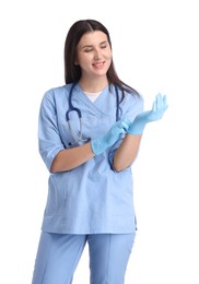 Photo of Nurse with stethoscope wearing gloves on white background