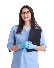 Photo of Nurse in glasses with clipboard on white background