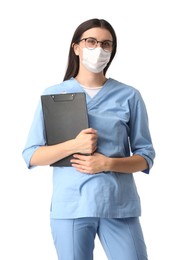 Photo of Nurse in medical mask with clipboard on white background