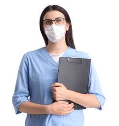 Photo of Nurse in medical mask with clipboard on white background