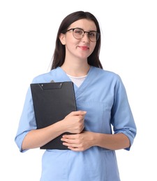 Photo of Nurse in glasses with clipboard on white background