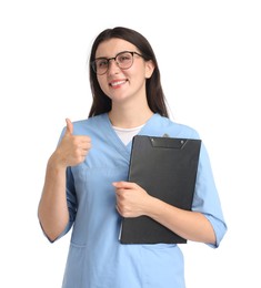 Photo of Nurse with clipboard showing thumbs up on white background