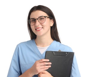 Photo of Nurse in glasses with clipboard on white background