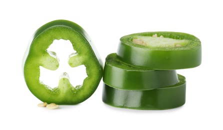 Photo of Slices of green jalapeno pepper isolated on white
