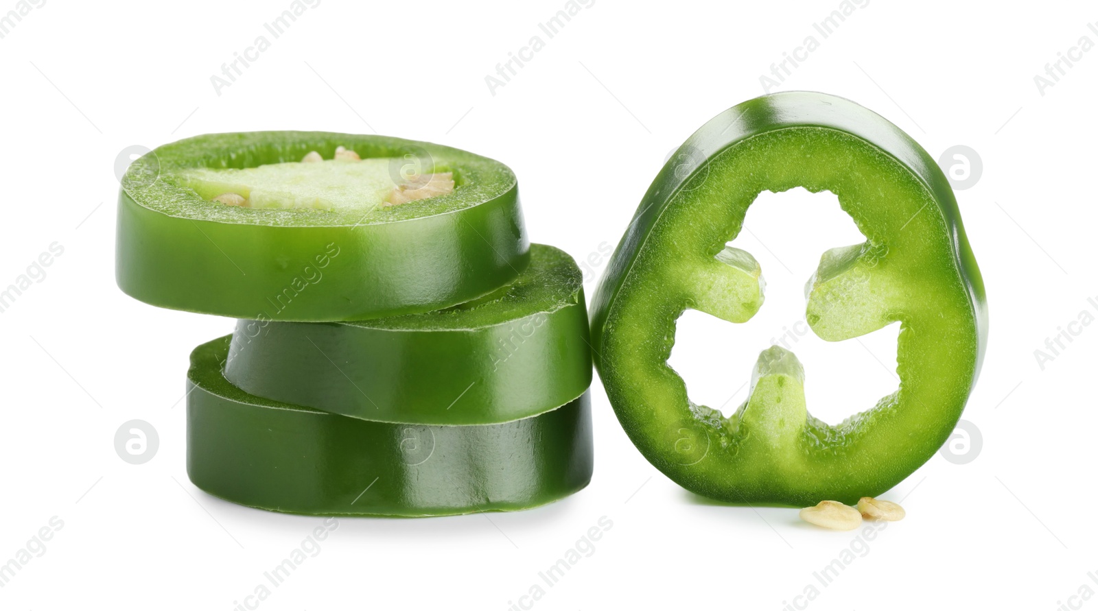 Photo of Slices of green jalapeno pepper isolated on white