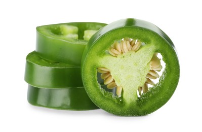 Photo of Slices of green jalapeno pepper isolated on white