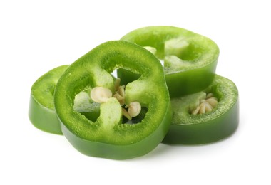 Photo of Slices of green jalapeno pepper isolated on white