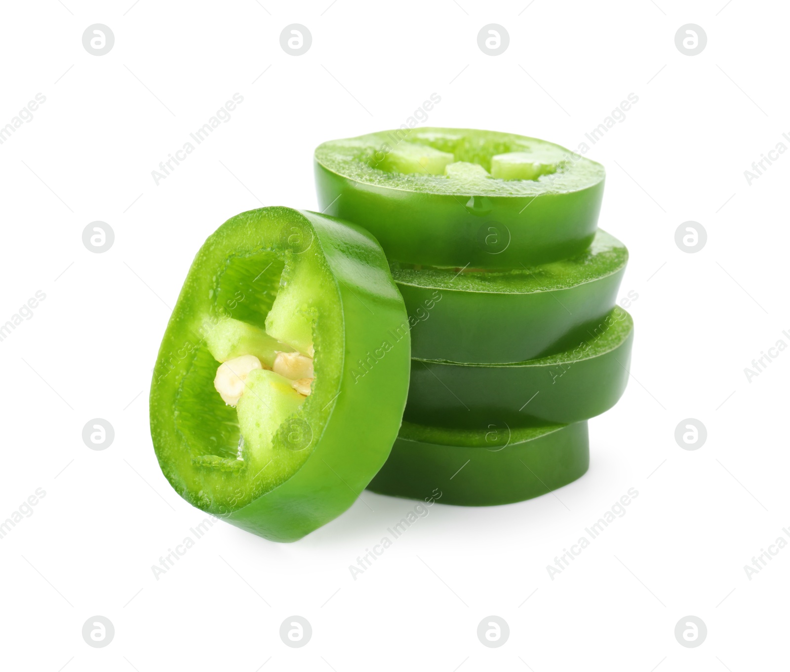 Photo of Slices of green jalapeno pepper isolated on white