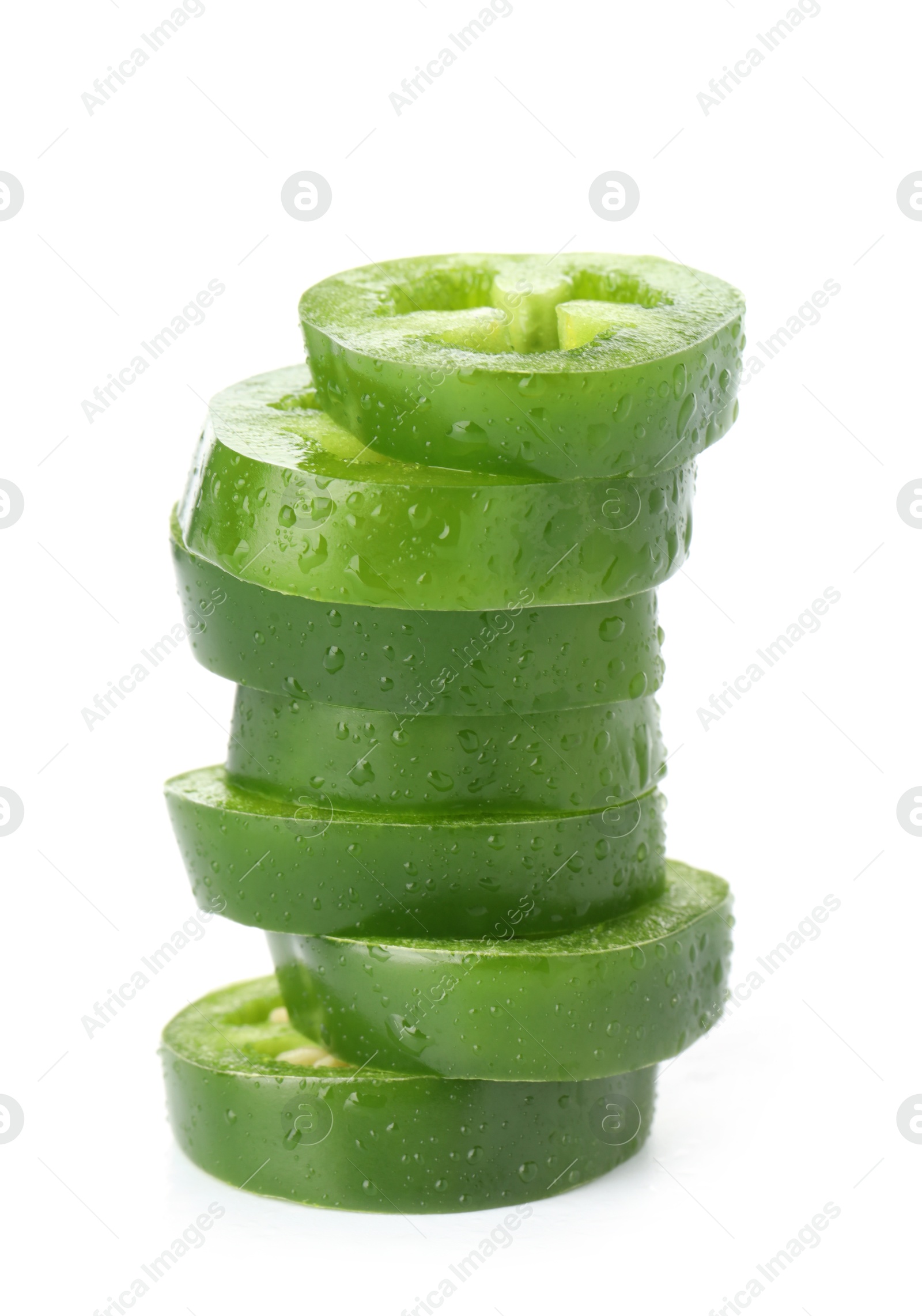 Photo of Slices of green jalapeno pepper isolated on white