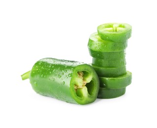 Photo of Sliced green jalapeno peppers isolated on white