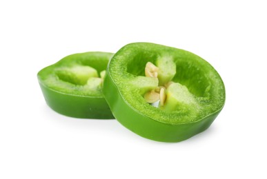 Photo of Slices of green jalapeno pepper isolated on white
