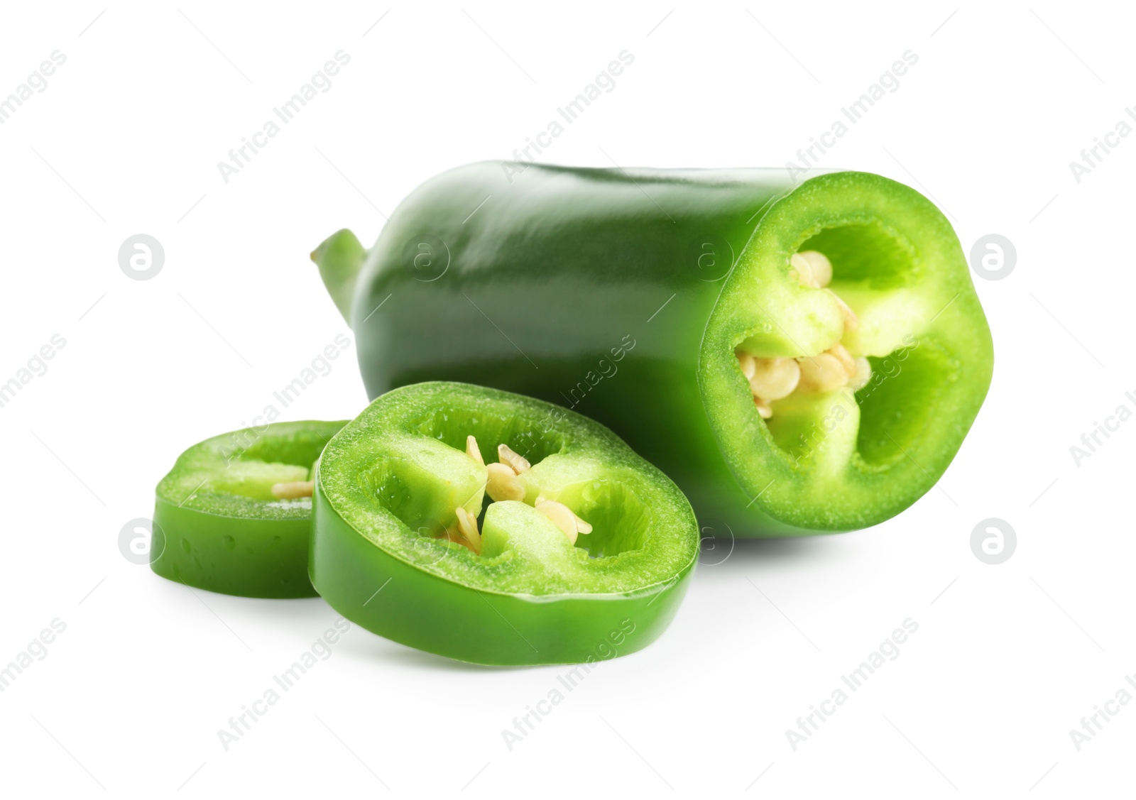 Photo of Sliced green jalapeno pepper isolated on white