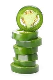 Photo of Slices of green jalapeno pepper isolated on white