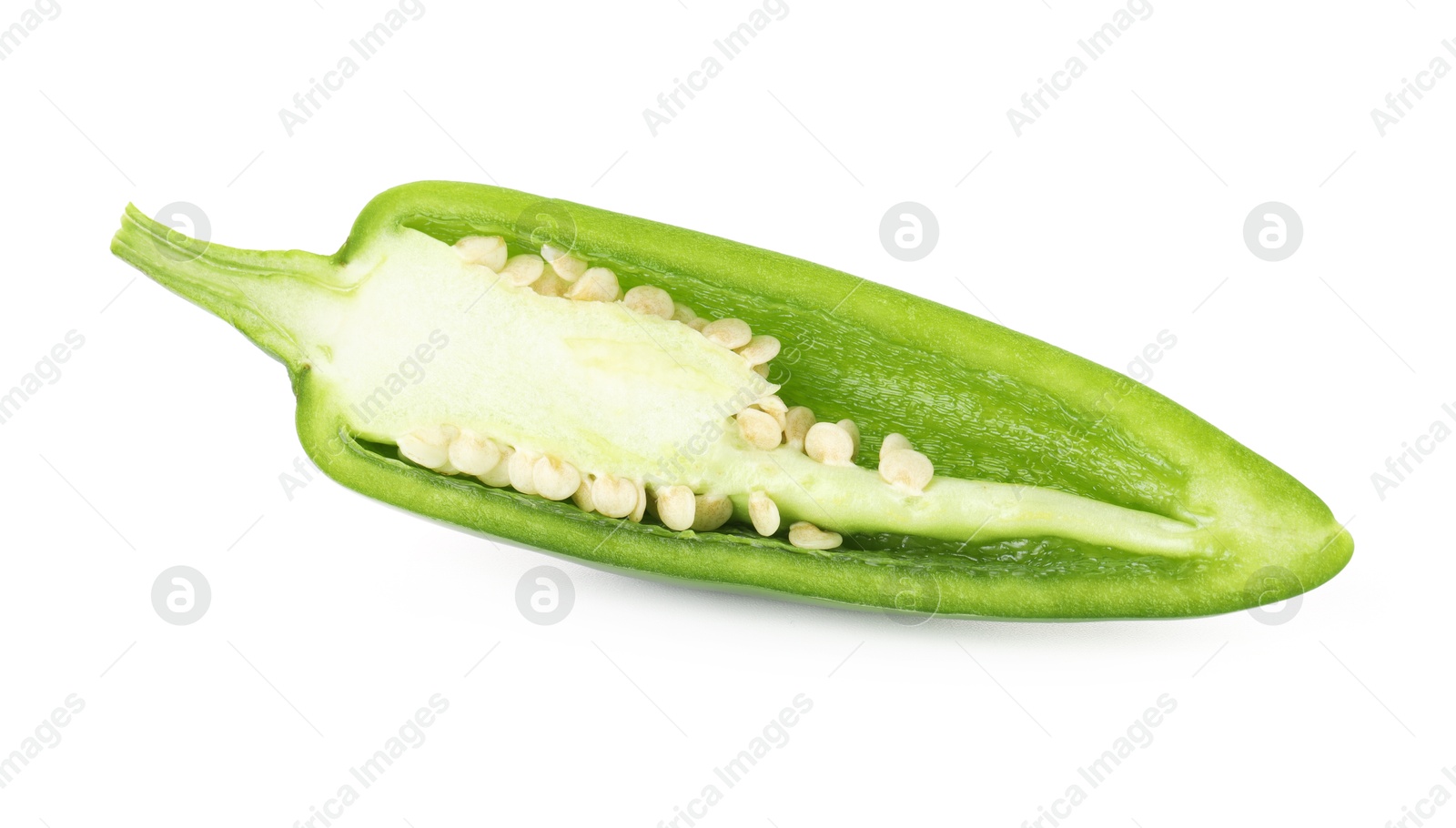 Photo of Half of green jalapeno pepper isolated on white