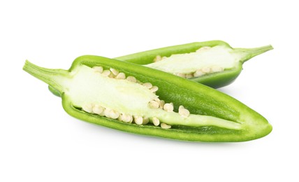 Photo of Halves of green jalapeno pepper isolated on white