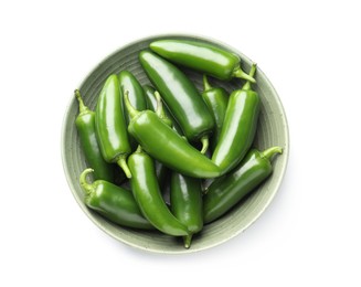 Photo of Fresh green jalapeno peppers in bowl isolated on white, top view