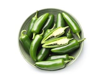 Photo of Fresh green jalapeno peppers in bowl isolated on white, top view