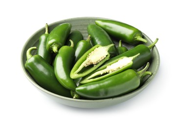 Photo of Fresh green jalapeno peppers in bowl isolated on white