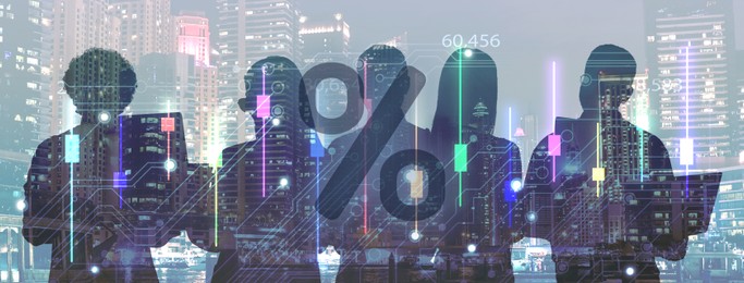 Image of Percent sign and silhouettes of people against cityscape with circuit board pattern and graph