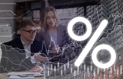 Image of Business people working in office. Multiple exposure with building, percent sign and graphs